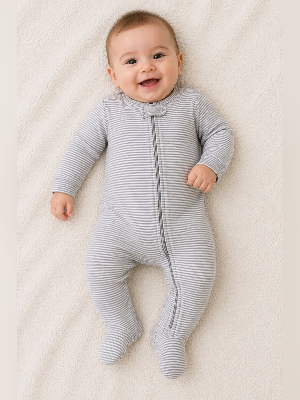 3-6 MTH Neutral Gray Stripe Footed Baby One-Piece Zipper Romper
